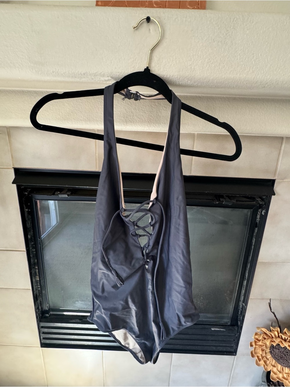 MARINA Two-Tone Swim Top in Beige and Dark Gray